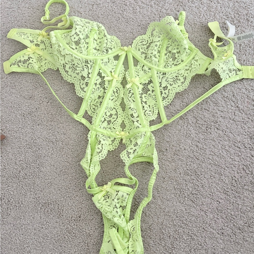 Victoria's Secret Neon Lime Lace Strappy Bodysuit